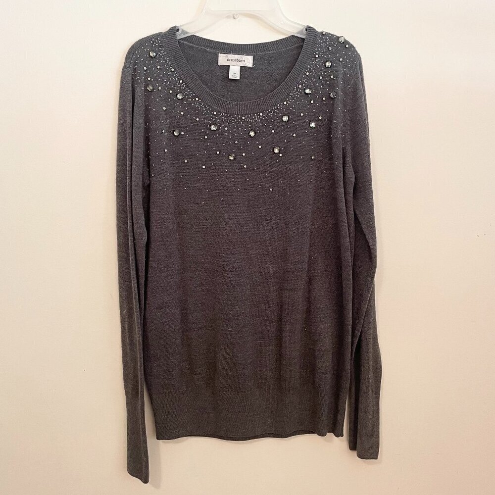 Dressbarn Crew Neck Sequin Jewel Detail Sweater Grey Long Sleeve Size Medium
